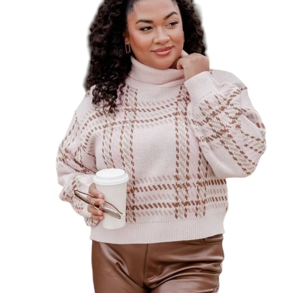 Plaid Cowl Neck Knit Cropped Boxy Sweater  Neutral blush Pink and Brown Sz S - Picture 6 of 10